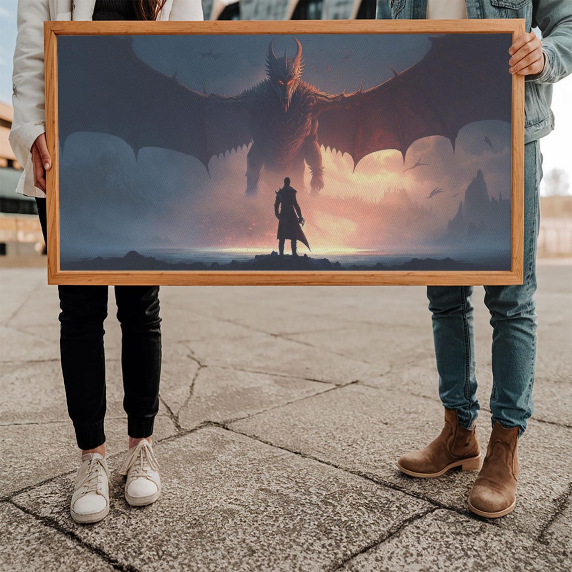 Warrior Facing Giant Dragon Misty Battlefield Epic Fantasy Wall Poster - Image 5