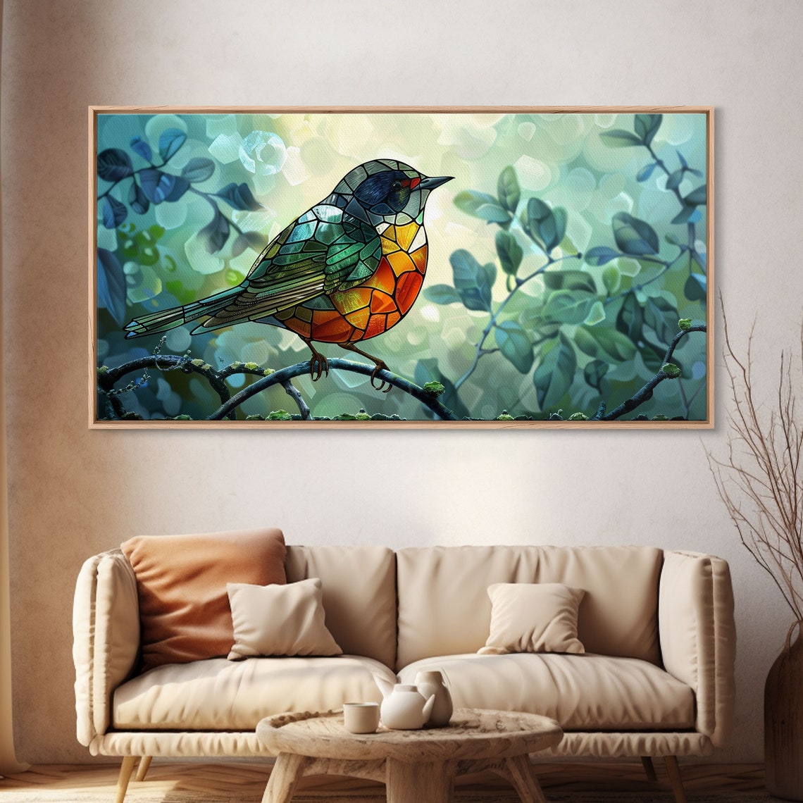 Stained Glass Songbird Teal Orange Perched Branch Spring Art Poster - Image 4