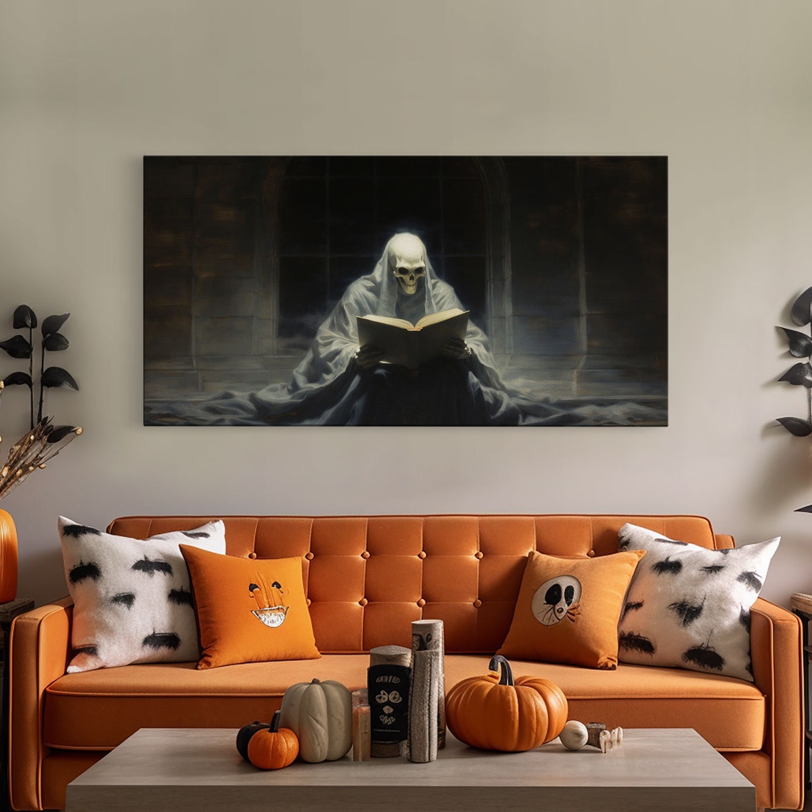 Grim Reaper Reading Book In Moonlit Library Gothic Panoramic Print - Image 3