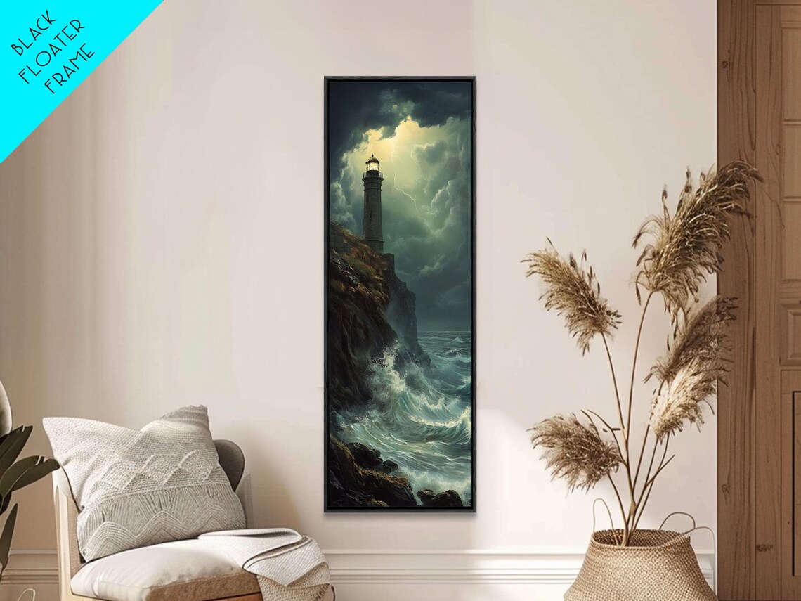 Stormy Lighthouse On Rocky Cliff Dramatic Moonlit Seascape Painting Poster - Image 4