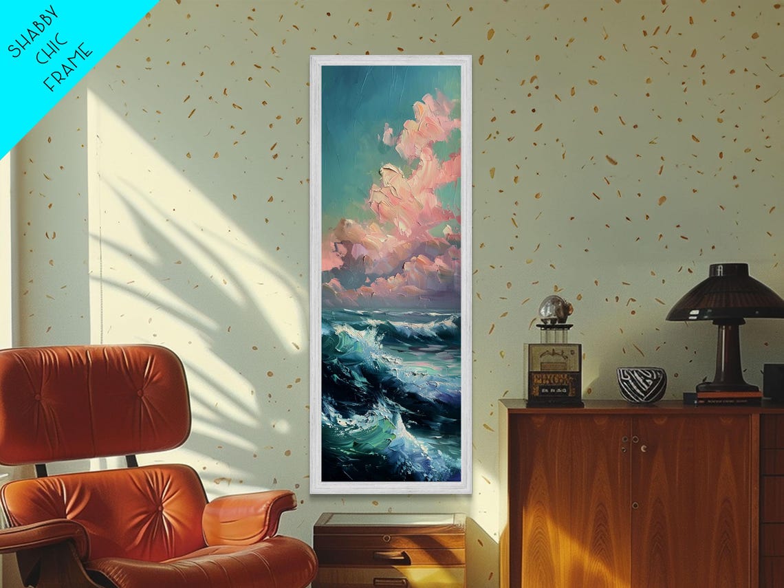 Textured Ocean Waves Pink Clouds Coastal Seascape Painting Poster