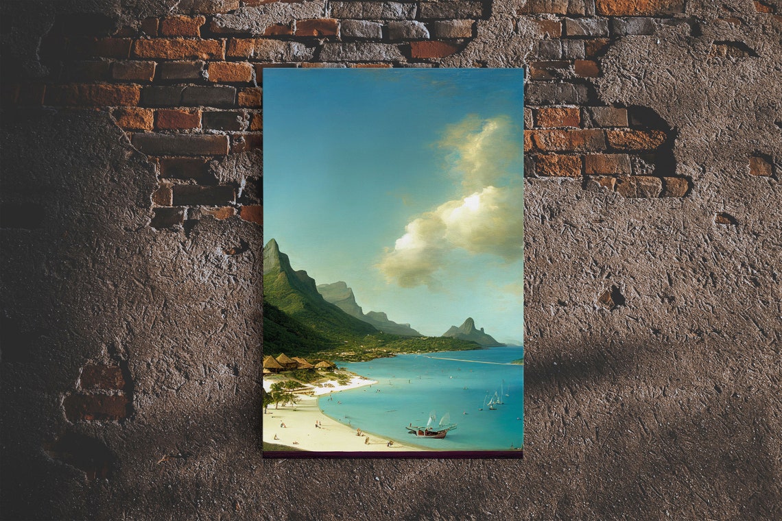 Tropical Beach With Turquoise Bay Sailboat And Green Mountains Print