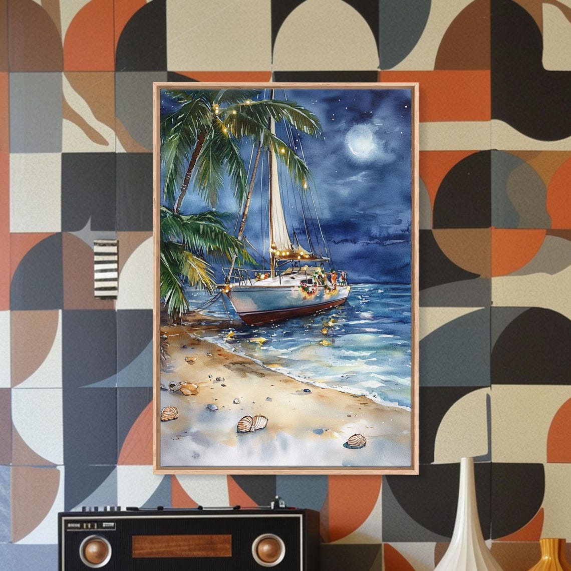 Sailboat On Tropical Beach At Night Moonlit Christmas Lights Poster - Image 2