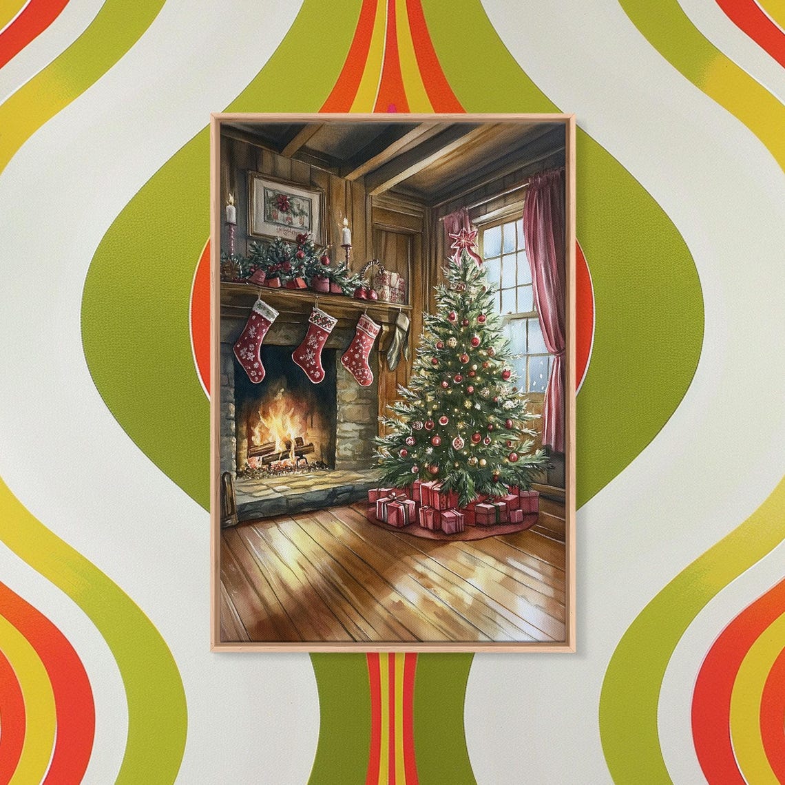 Cozy Farmhouse Christmas Interior With Tree Stockings Fireplace Poster - Image 3