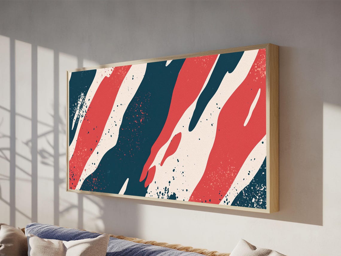 Navy Red Camo Brush Stripe Abstract Minimalist Modern Wall Art Poster - Image 2