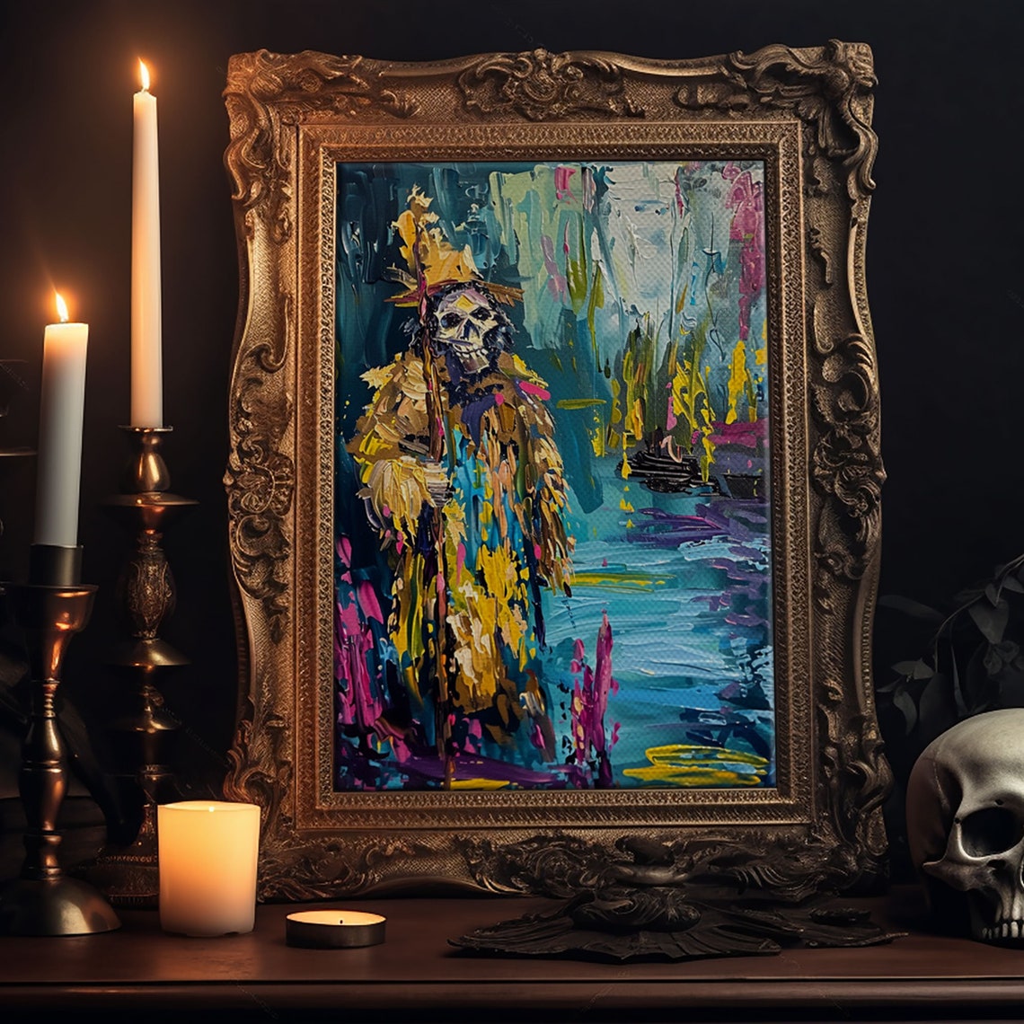 Colorful Abstract Skeleton Wizard Staff Impasto Halloween Art Poster - Image 6