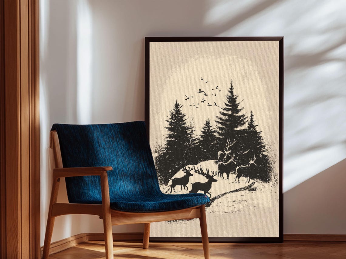 Deer Silhouettes Among Snowy Pines Black Winter Forest Animal Poster - Image 3