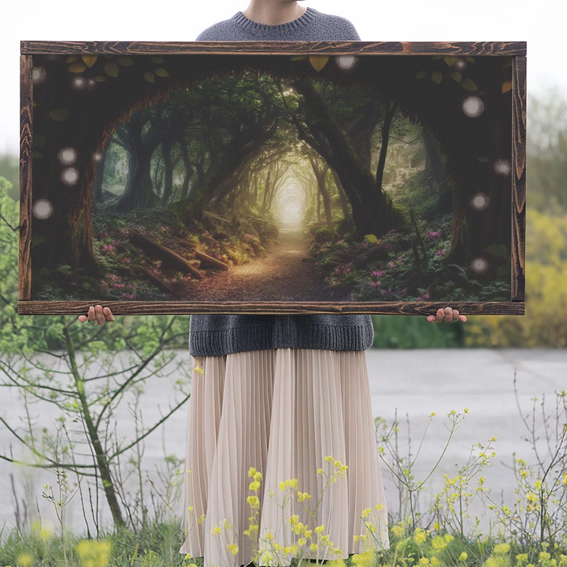 Enchanted Forest Path Tree Tunnel Glowing Light Bokeh Magic Poster - Image 2