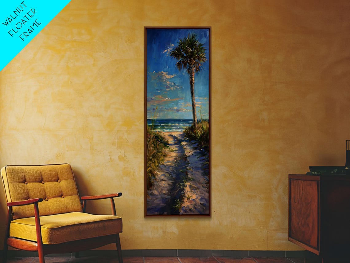 Palm Tree Beach Path Ocean View Golden Hour Coastal Scene Wall Art