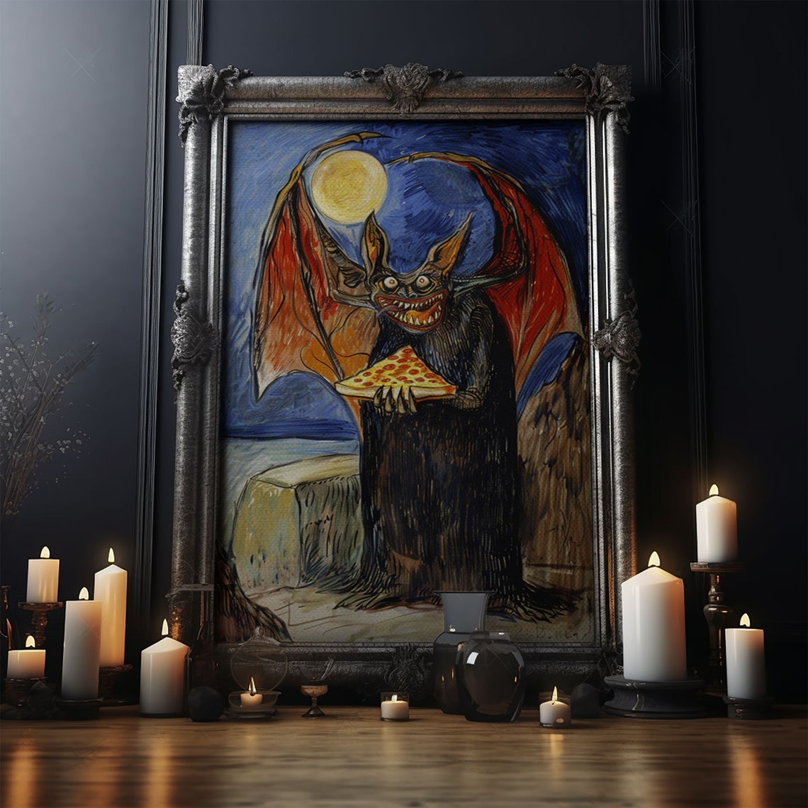 Vampire Bat Pizza Full Moon Starry Night Funny Whimsical Art Poster - Image 4
