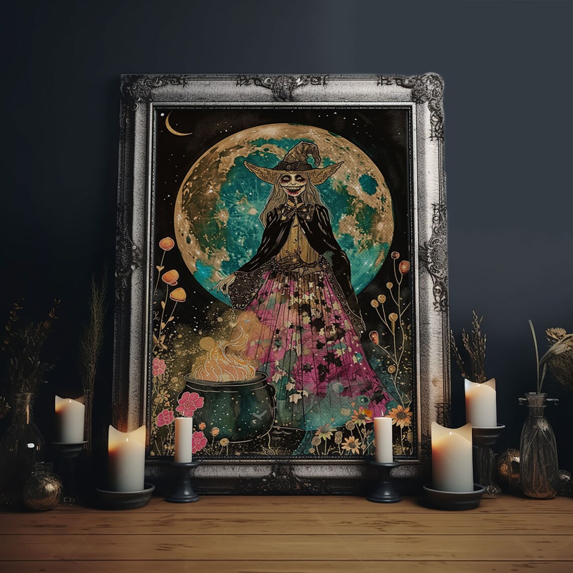 Spooky Witch With Cauldron Under Full Moon, Halloween Art
