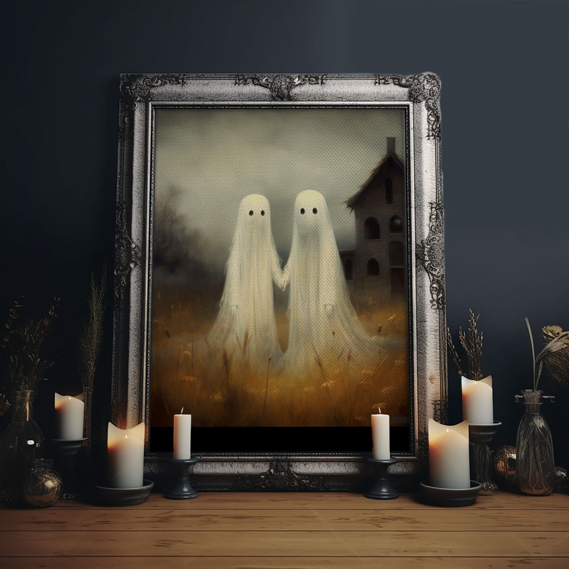 Two Cute Ghosts Holding Hands In Golden Field By Haunted Barn Poster - Image 6