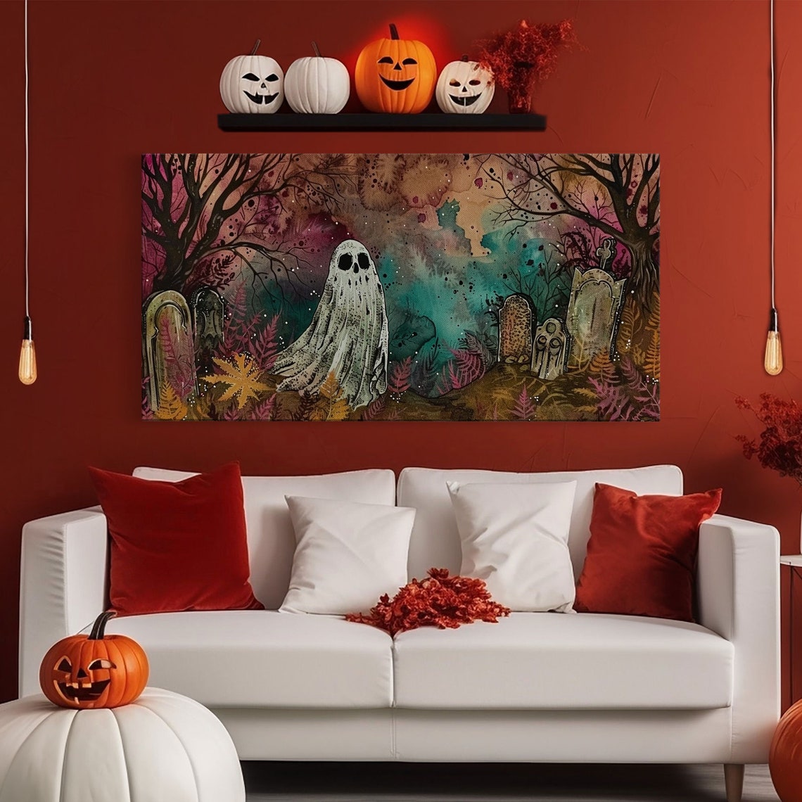 Cute Ghost In Colorful Cemetery Spooky Season Halloween Art Print - Image 6