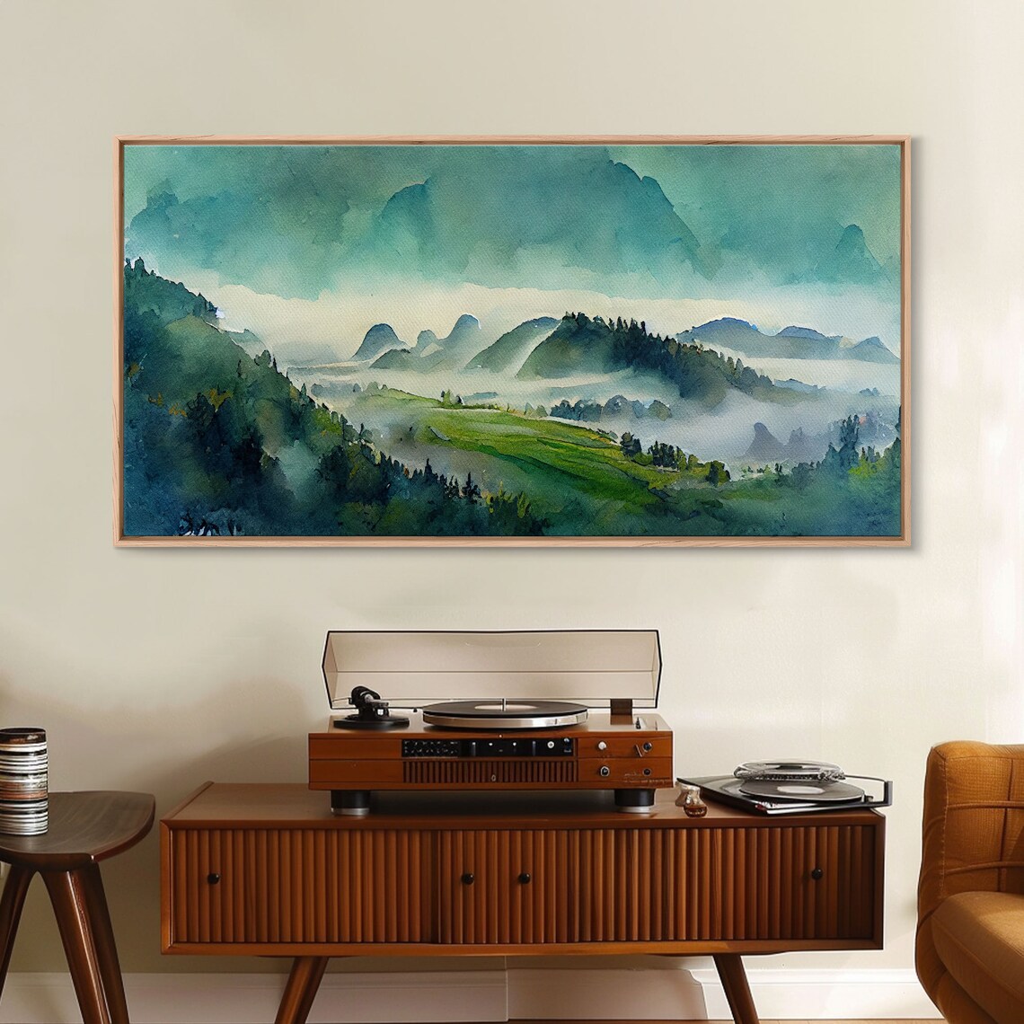 Blue Green Mountain Valley Watercolor Art Print - Image 4