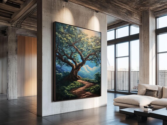 Majestic Oak Tree Framed Print Oak Tree Art Rustic Landscape Painting Above Sofa Wall Art Wabi Sabi Living Room Decor