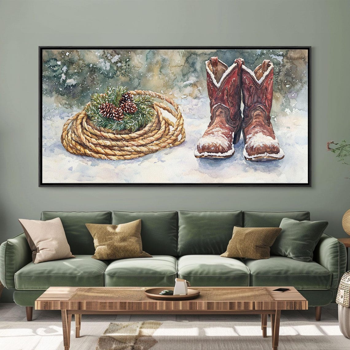 Cowboy Boots Lasso Pine Cones Snow Western Christmas Art Print - Image 4