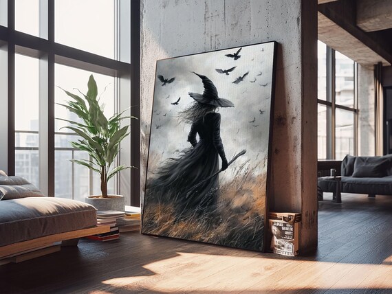 Gothic Witch With Crows Dark Field Spooky Halloween Wall Art Print Poster