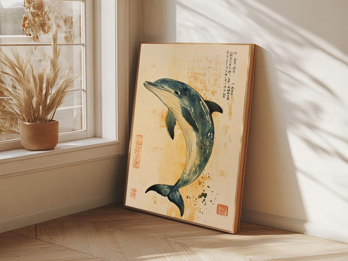 Japanese Leaping Dolphin Ink Painting With Calligraphy Animal Wall Art - Image 5