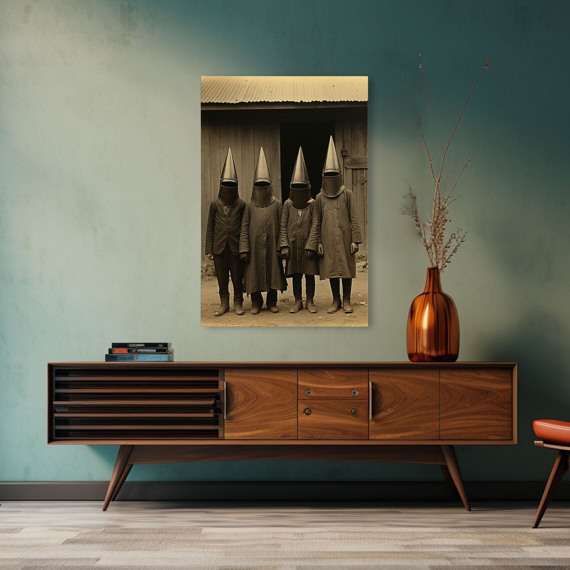 Mysterious Hooded Cone Mask Figures Vintage Sepia Photo Weird Art Print - Image 5