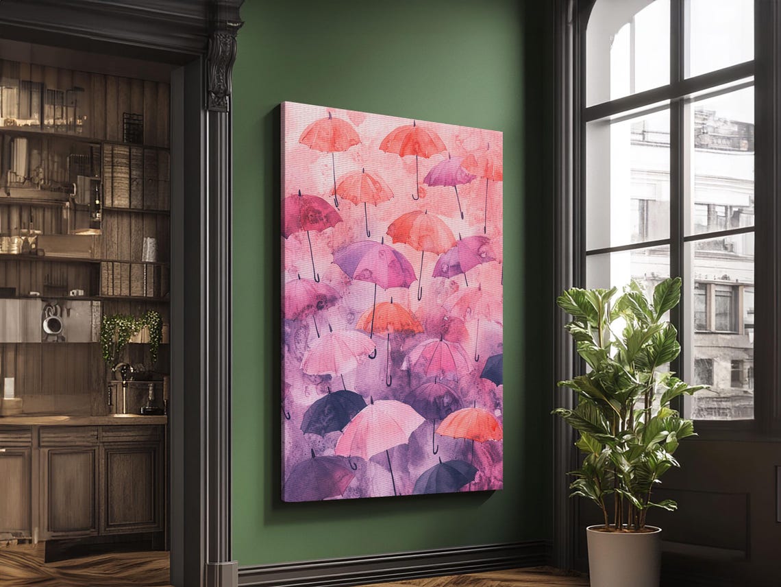 Floating Pink Purple Umbrellas Watercolor Art Print Whimsical Poster - Image 2