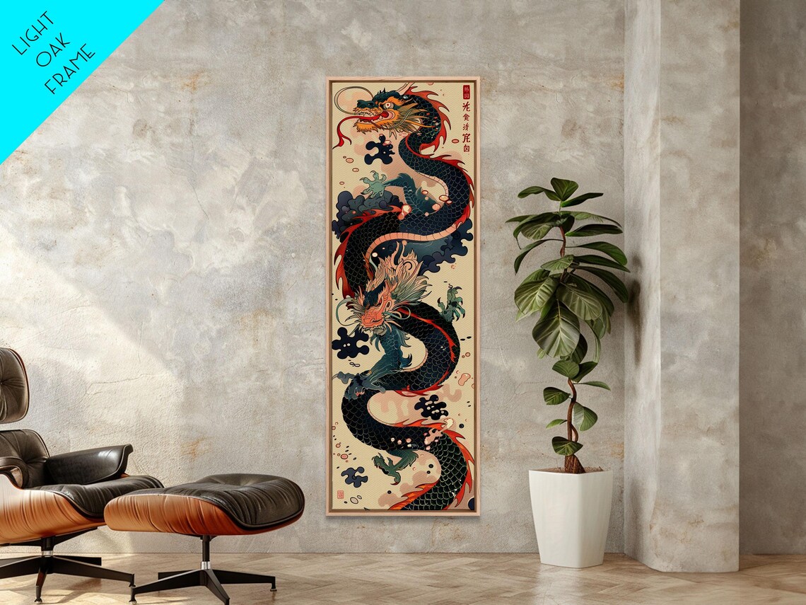 Japanese Dragon Wood Block Print, Cream Background - Image 2