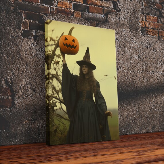 Spooky Victorian Witch Holding Jack O Lantern Vintage Halloween Art Print