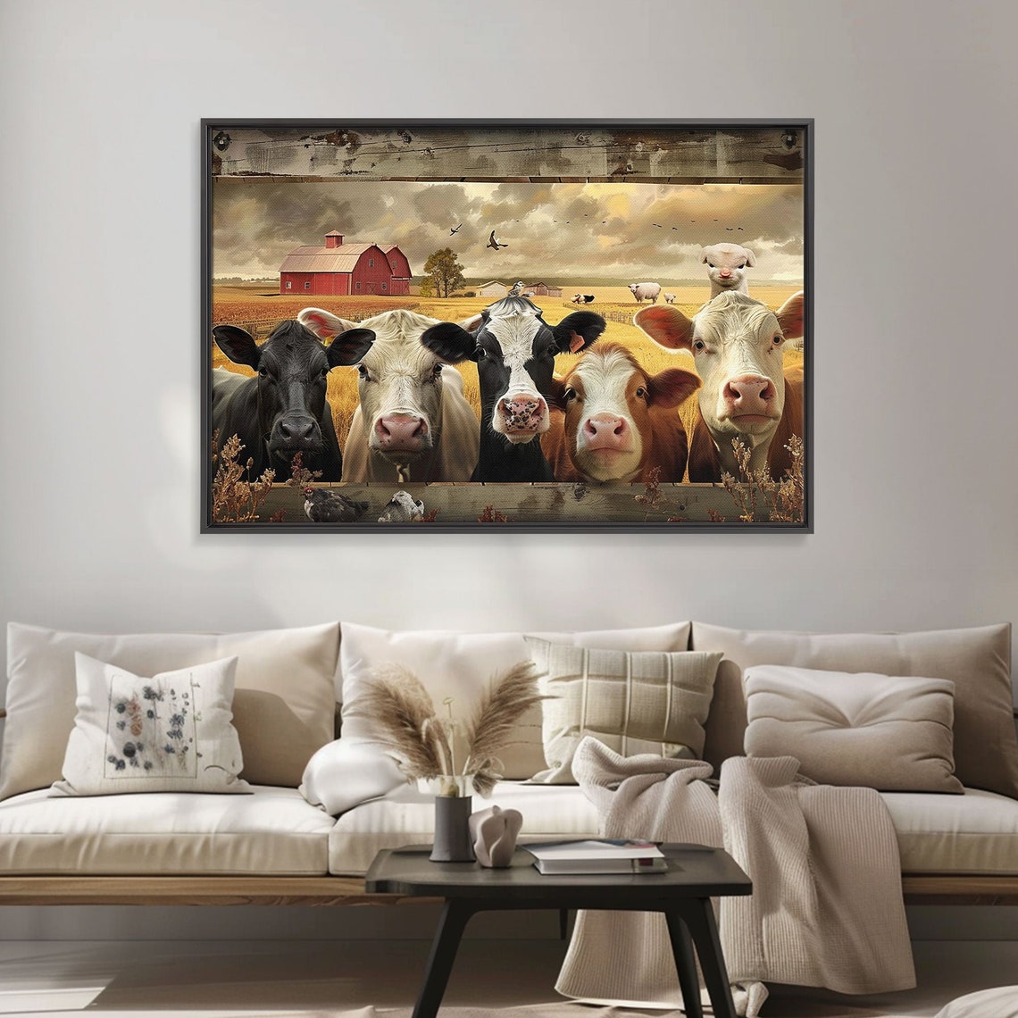 Funny Cows Over Fence Red Barn Cute Farm Animals Whimsical Art Poster - Image 6