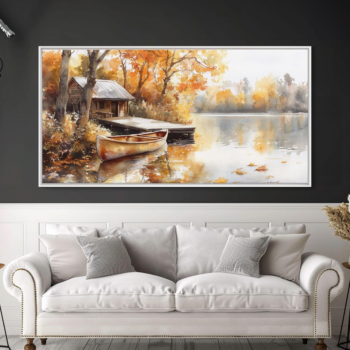 Autumn Lakeside Cabin Canoe Wooden Dock Golden Trees Calm Water Poster - Image 3