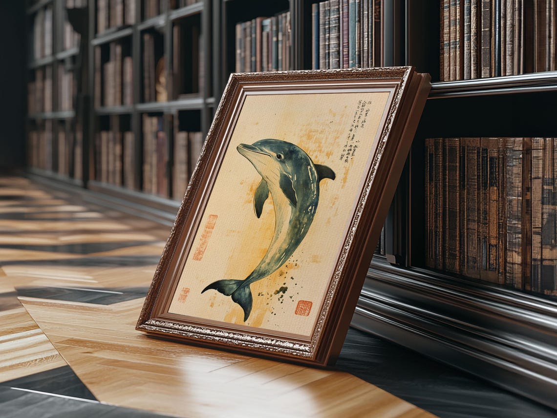 Japanese Leaping Dolphin Ink Painting With Calligraphy Animal Wall Art