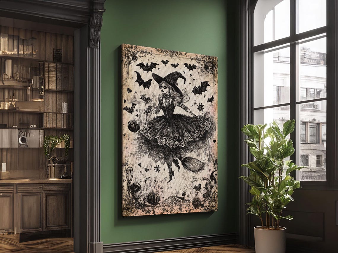 Vintage Witch With Bats Storybook Gothic Halloween Art Print - Image 4