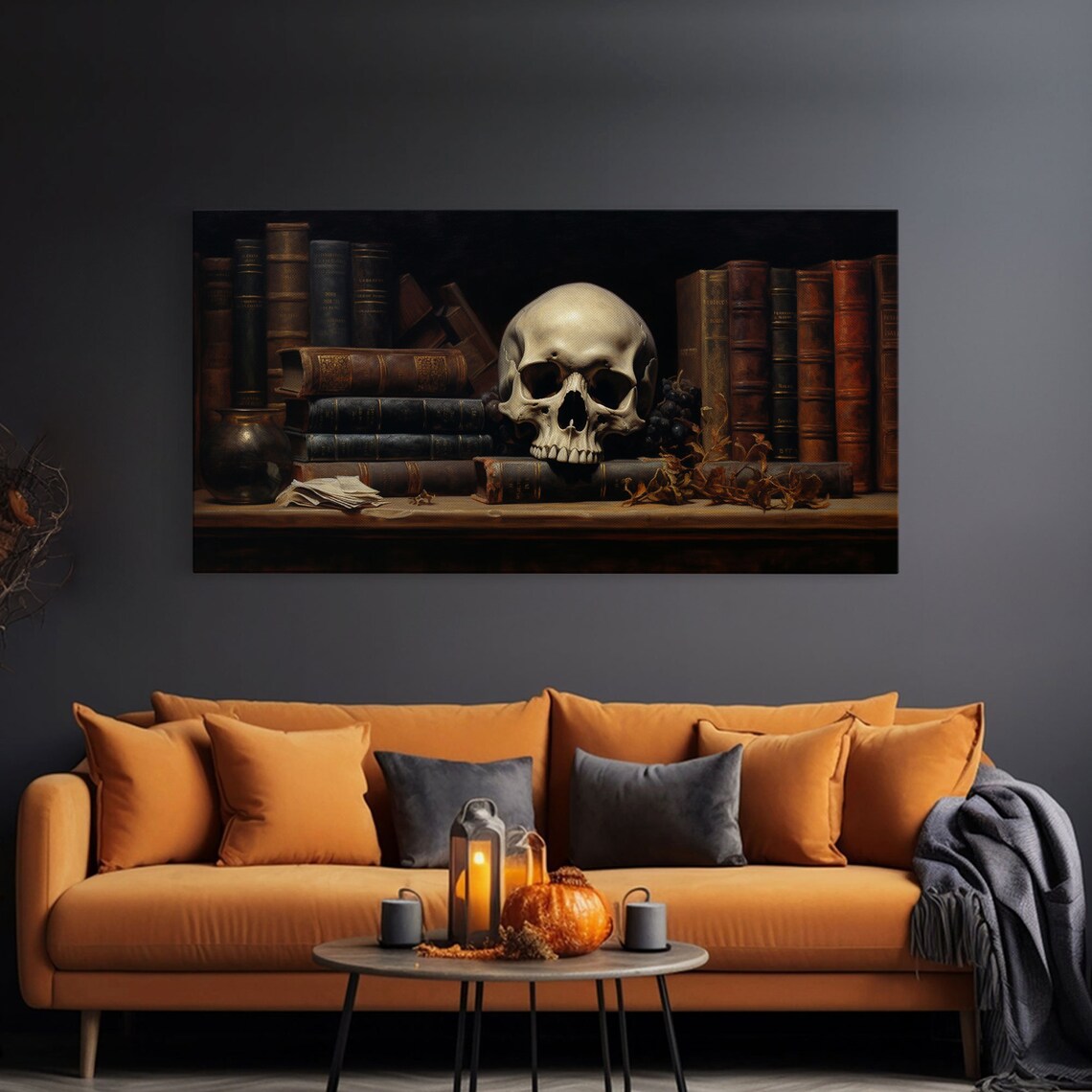 Victorian Gothic Library Skull On Bookshelf Dark Academia Spooky Art Poster - Image 3