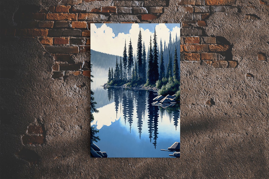 Pacific Northwest Pine Forest Lake Mirror Reflection Mountain Poster