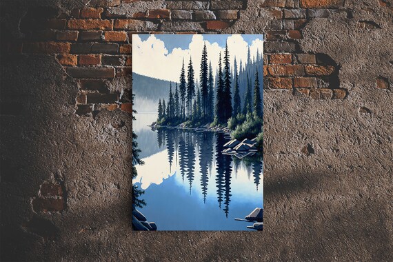 Washington State Pine Tree Forest And Lake Reflection Framed Print Watercolor Painting Print Unique Living Room Wall Art