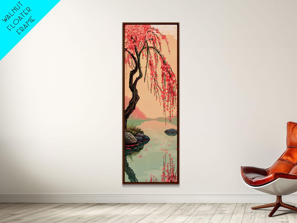 Serene Pink Weeping Cherry Tree Water Reflection Tall Art Print - Image 5