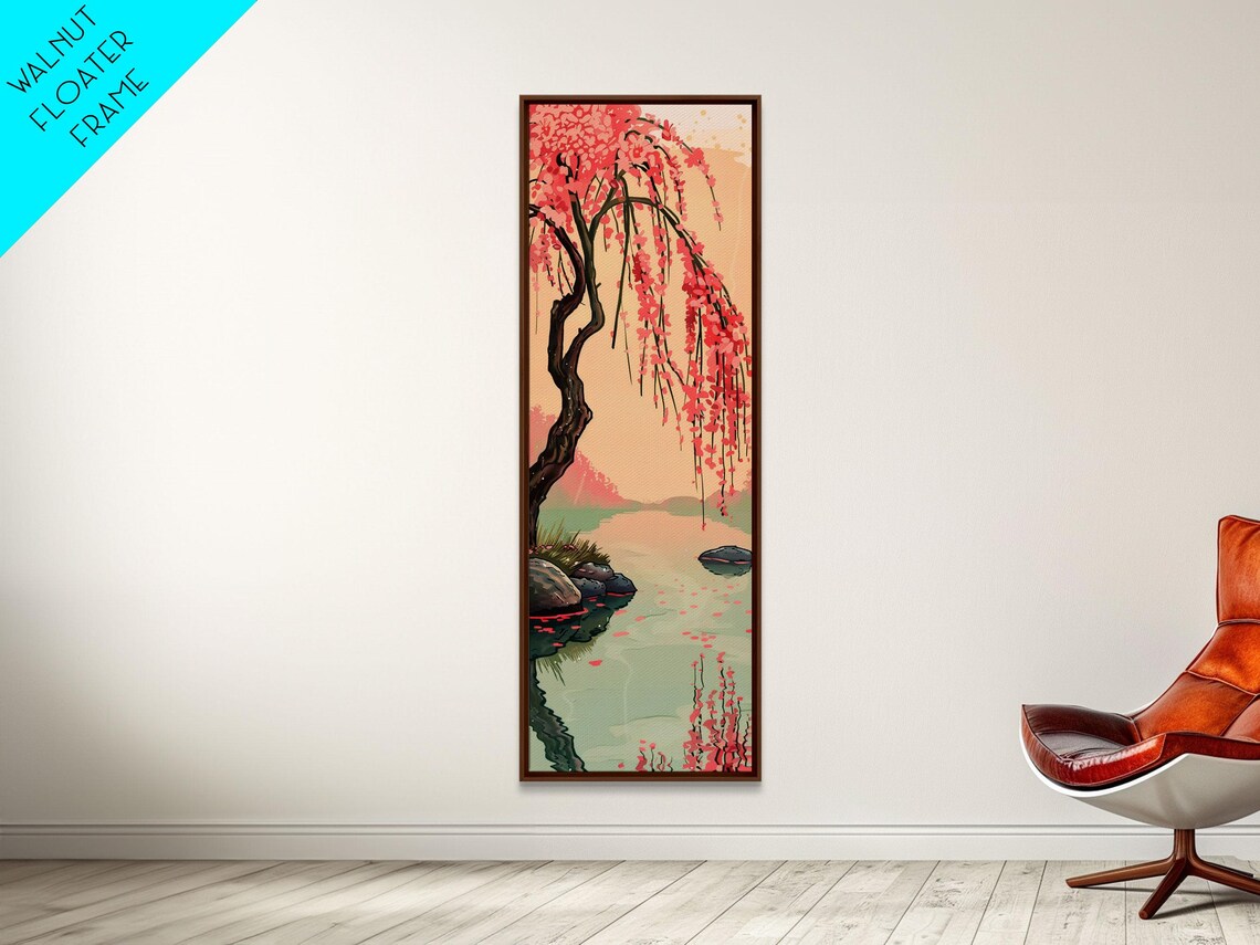 Serene Weeping Cherry Tree With Gentle Reflections In Water Skinny Art Japanese Wall Decor Framed Print Ukiyo E Style - Image 5