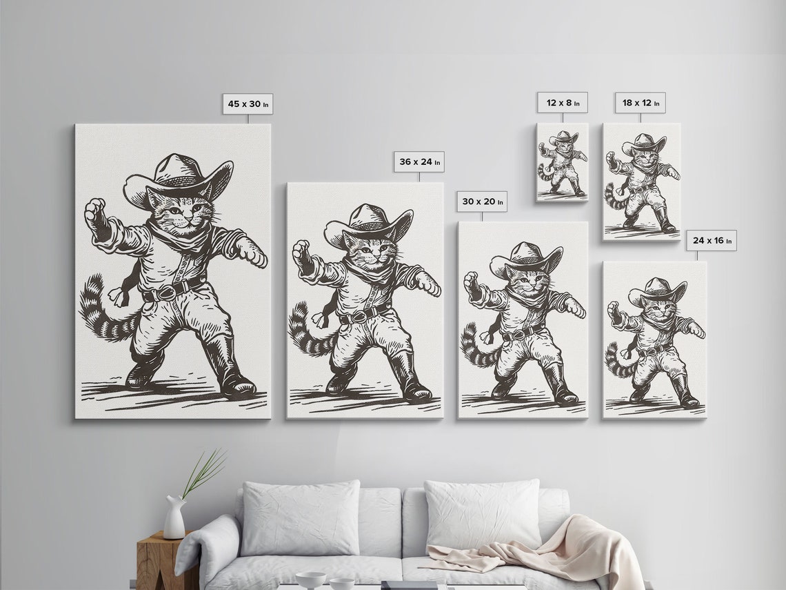 Cowboy Cat Fighter Stance Vintage Sketch Western Kitty Wall Poster - Image 2