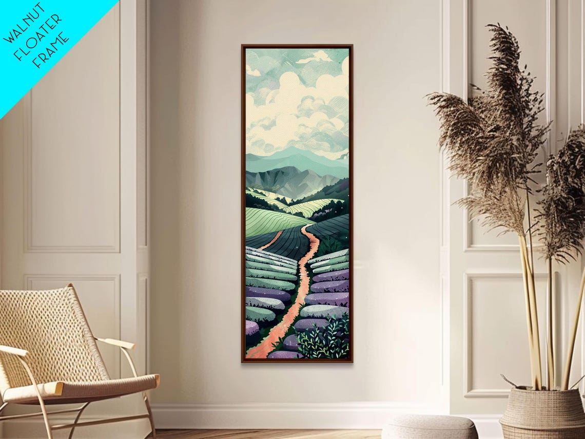 Lavender Field Rows Mountain Path Serene Landscape Art Poster - Image 4