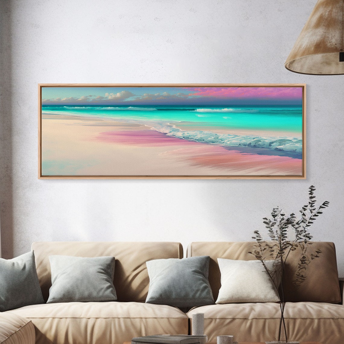 Panoramic Pastel Beach Sunset Pink Sand Turquoise Ocean Waves Poster - Image 4