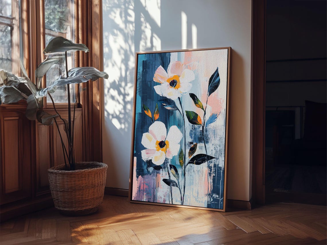 White Anemone Flowers Abstract Blue Oil Painting Floral Print