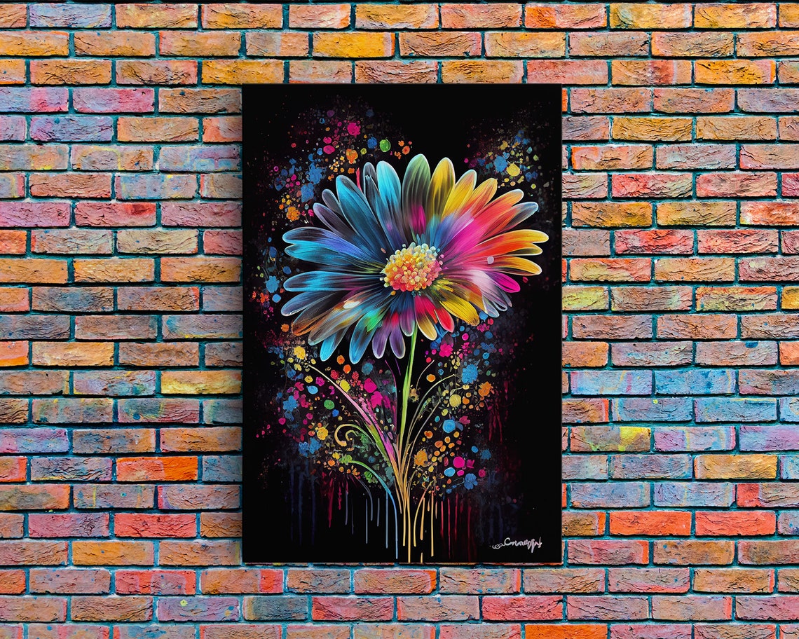 Neon Rainbow Daisy Flower Graffiti Splatter Black Background Poster - Image 6