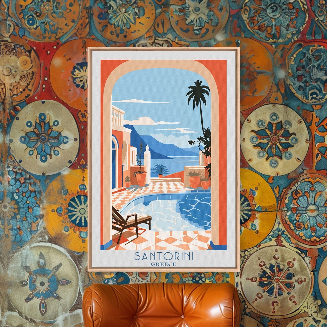 Santorini Greece Arched Terrace Pool Aegean Sea View Travel Poster - Image 2