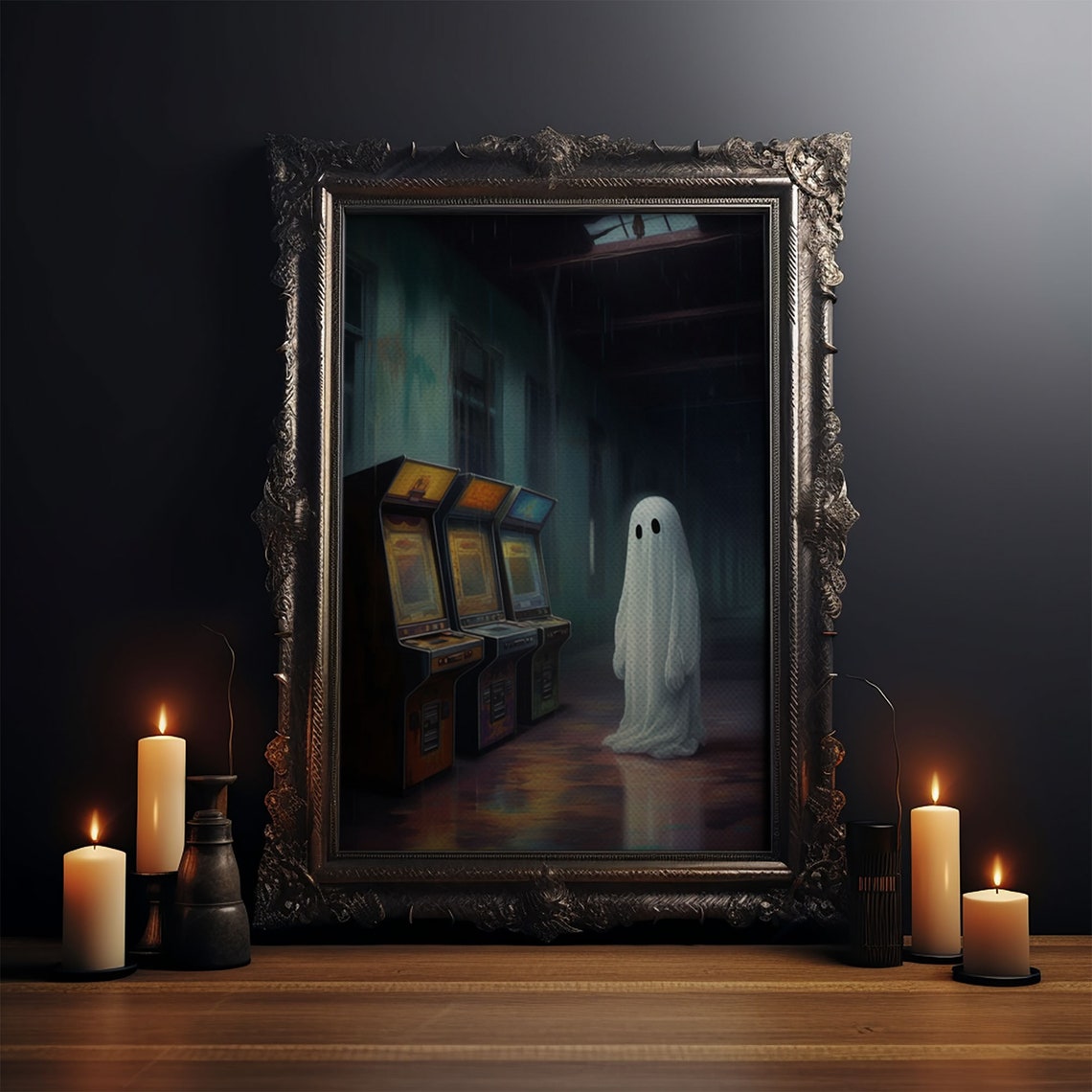 Ghost In Abandoned Arcade Among Retro Game Machines Dark Wall Art - Image 3