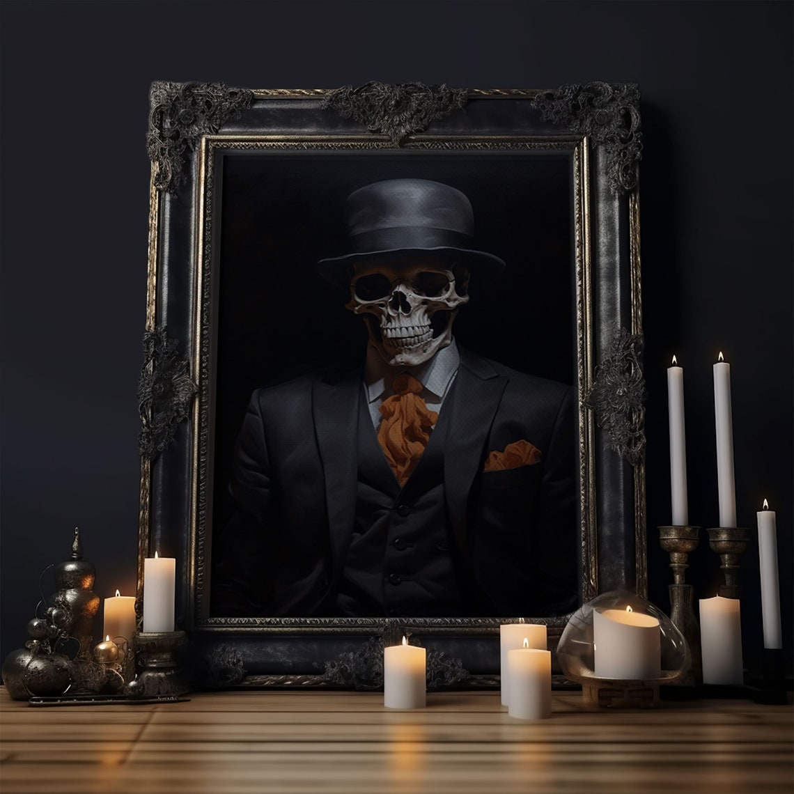 Spooky Skeleton Businessman Bowler Hat Tie Halloween Gothic Art Print