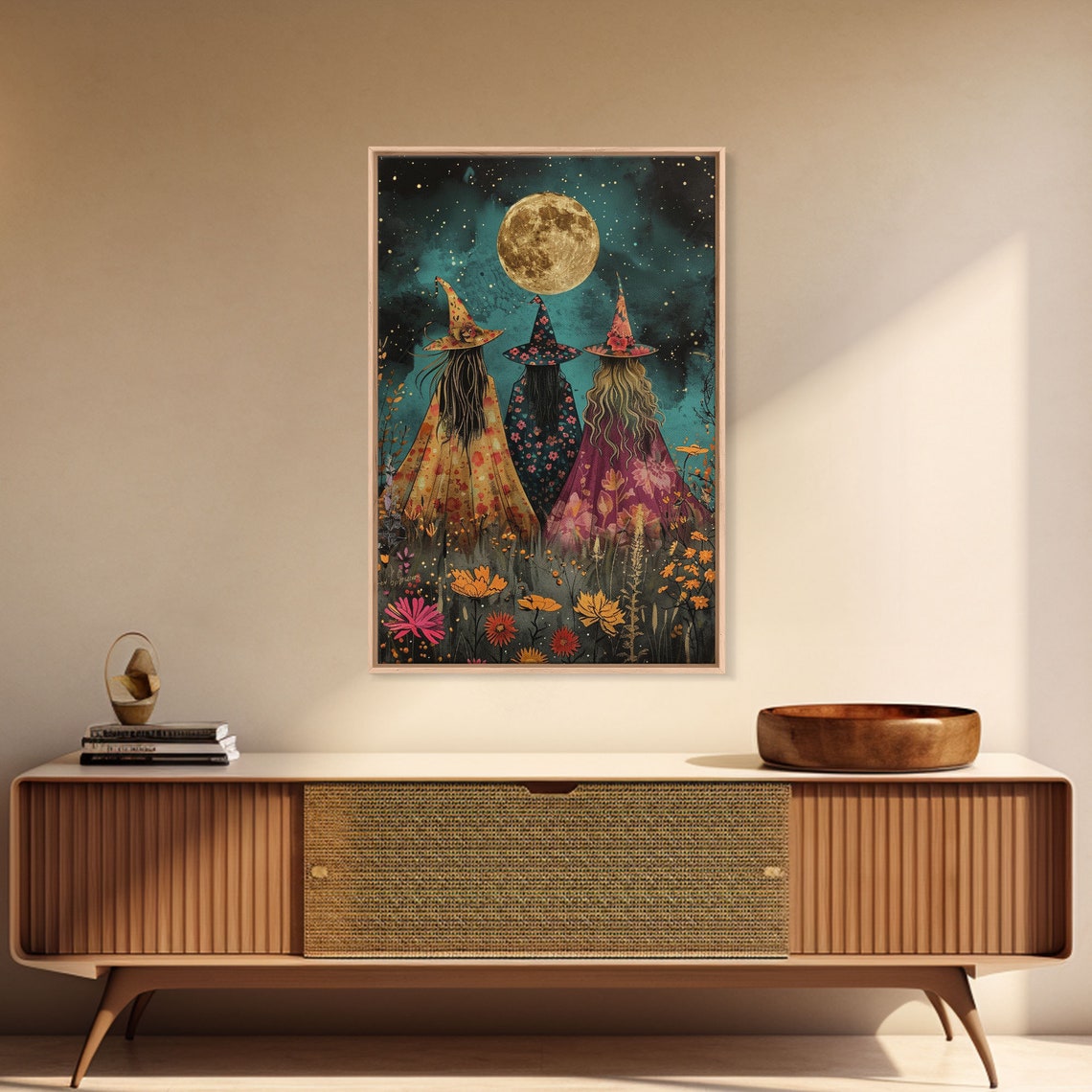 Witches Under Full Moon Floral Dresses Wildflowers Night Art Poster - Image 3
