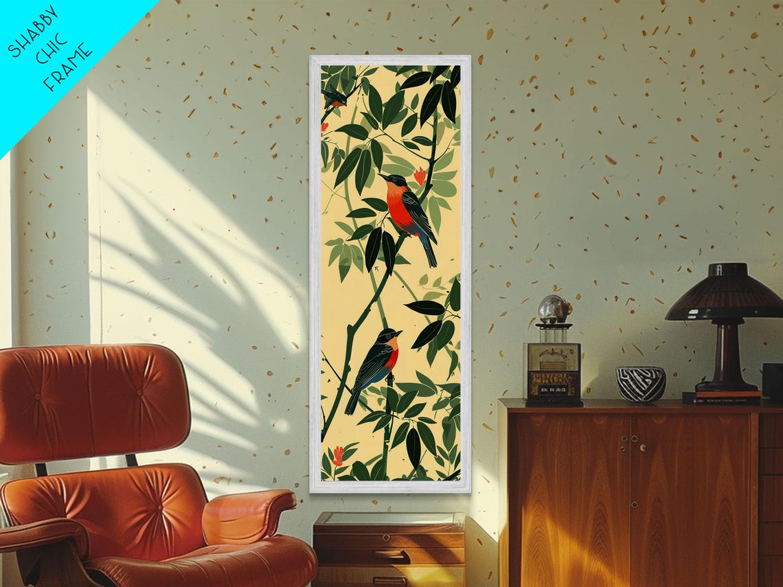 Pair Of Colorful Birds Dense Green Foliage Red Flower Art Print - Image 3