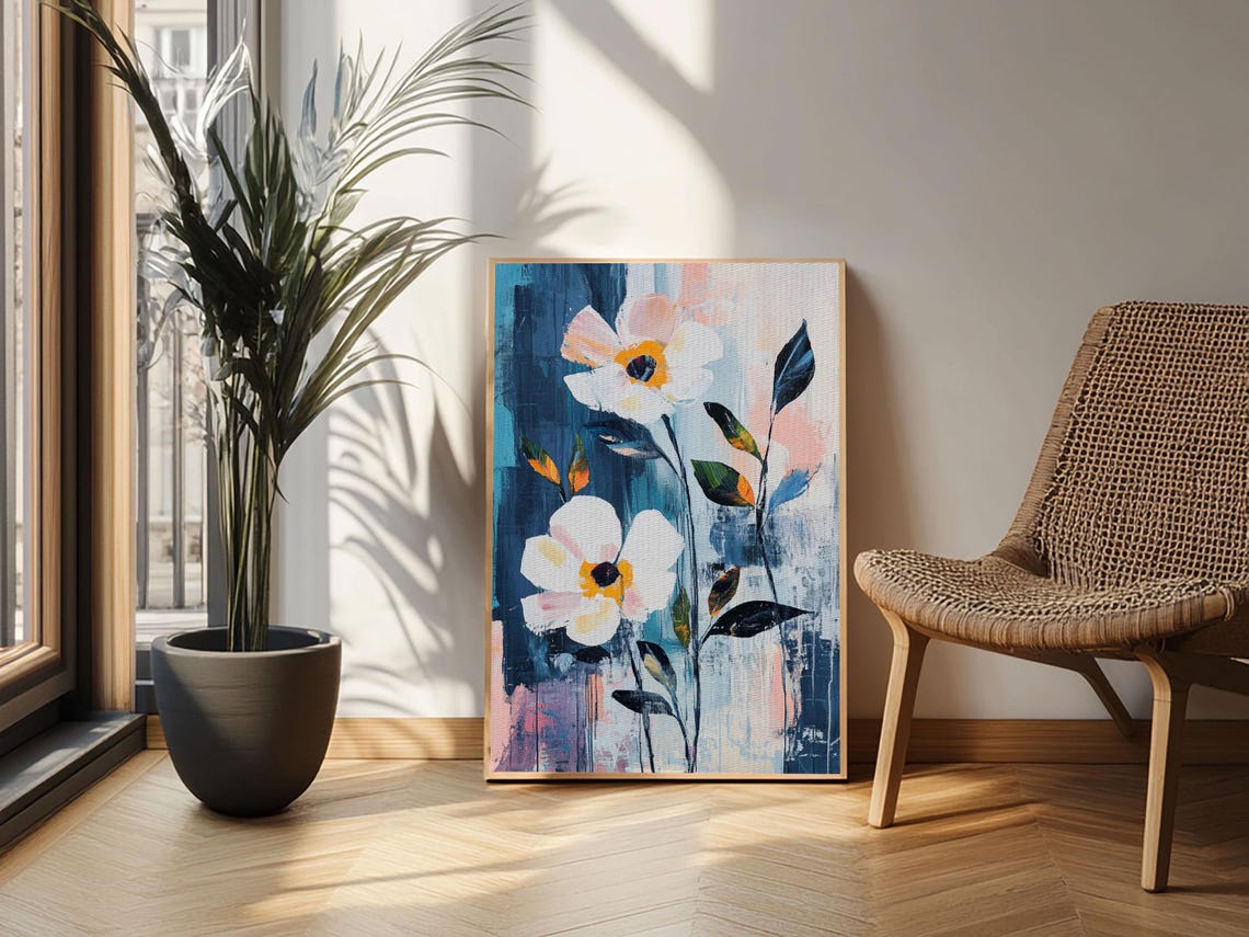 White Anemone Flowers Abstract Blue Oil Painting Floral Print - Image 2