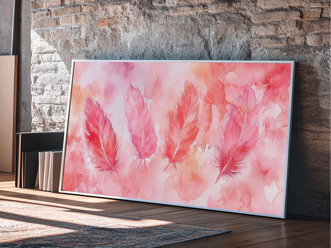 Pink Watercolor Feathers Wide Horizontal Blush Feather Art Print - Image 2