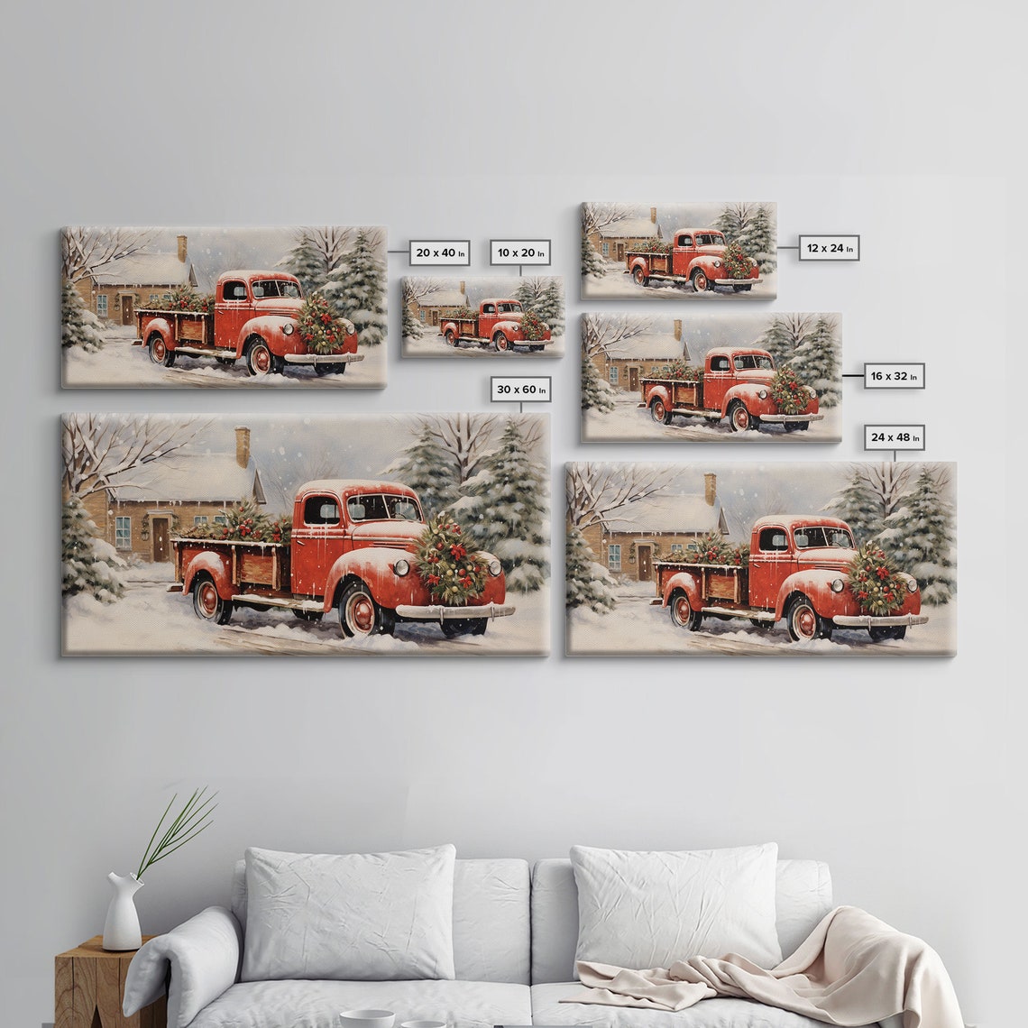 Vintage Red Pickup Truck Christmas Tree Snowy Farm Scene Poster - Image 2