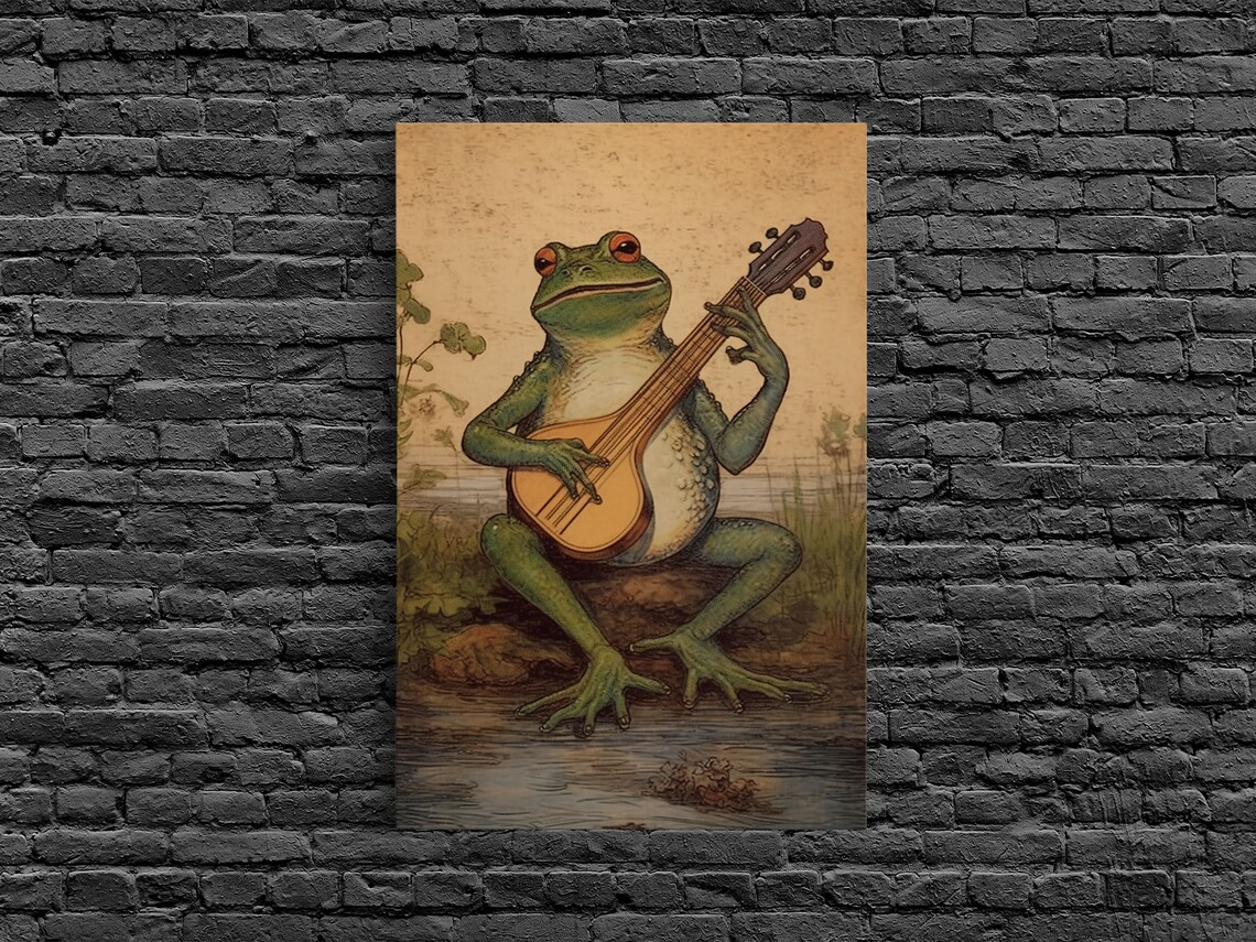 Vintage Frog Playing Banjo Moonlit Swamp Art Print - Image 3