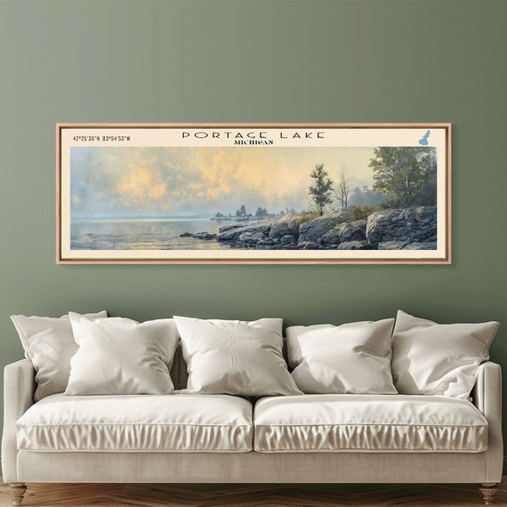 Portage Lake Michigan Framed Print Lake House Decor Panoramic Travel Poster Scenic Wall Art Bedroom Decor